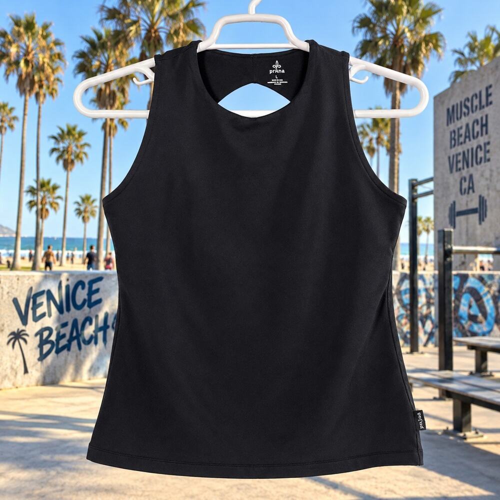 Vintage PrAna Womens Large Black Supplex Lycra Yoga Tank Top Made USA Keyhole
